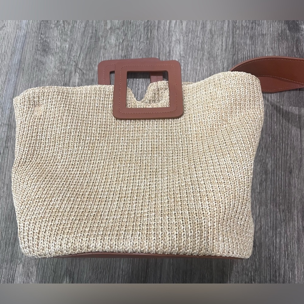 STAUD Natural Raffia Handbag with Tan Leather Handles, Removable Strap and Trim
